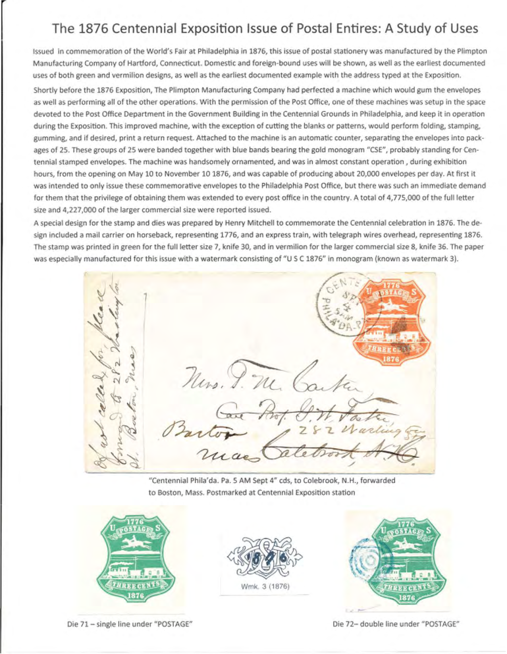 The 1876 Centennial Exposition Issue of Postal Entires: a Study of Uses