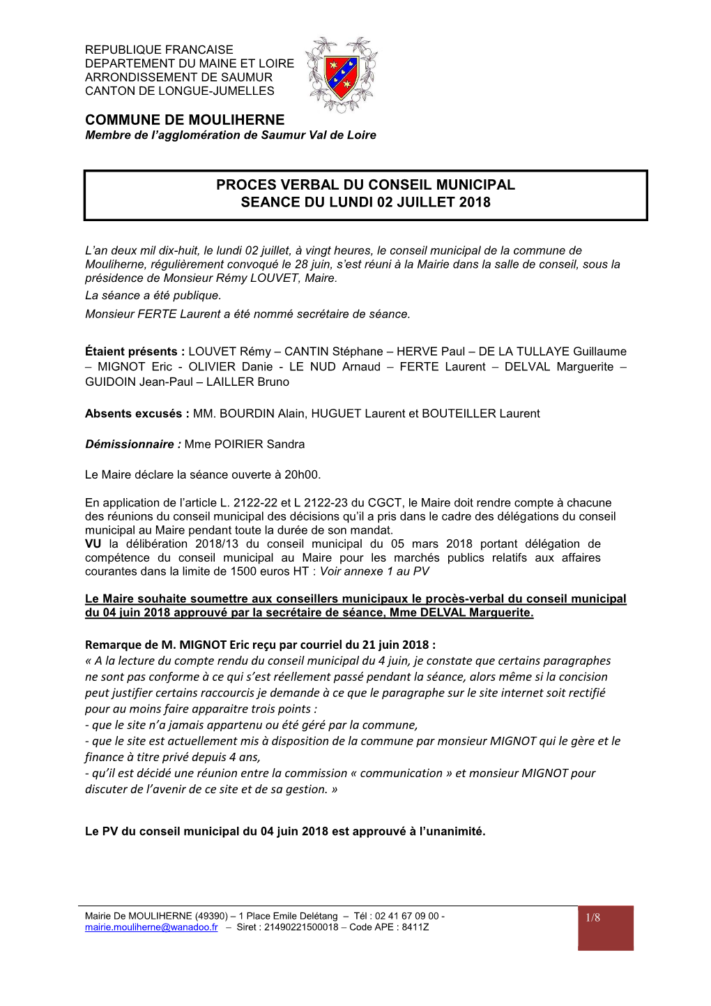 Commune De Mouliherne Proces Verbal Du Conseil