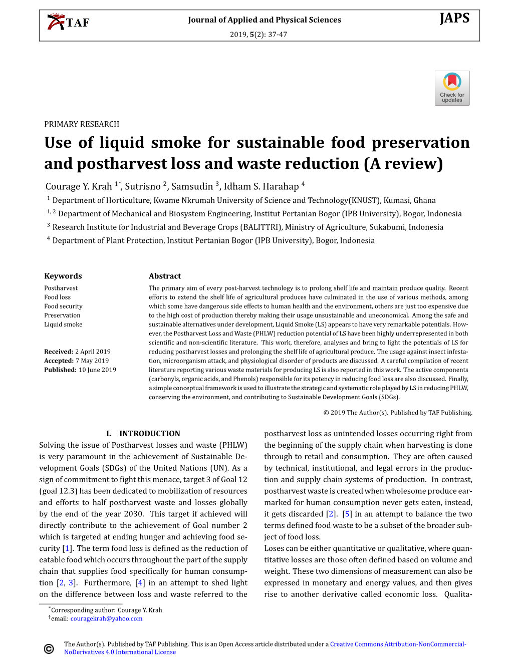 Use of Liquid Smoke for Sustainable Food Preservation and Postharvest Loss and Waste Reduction (A Review) Courage Y
