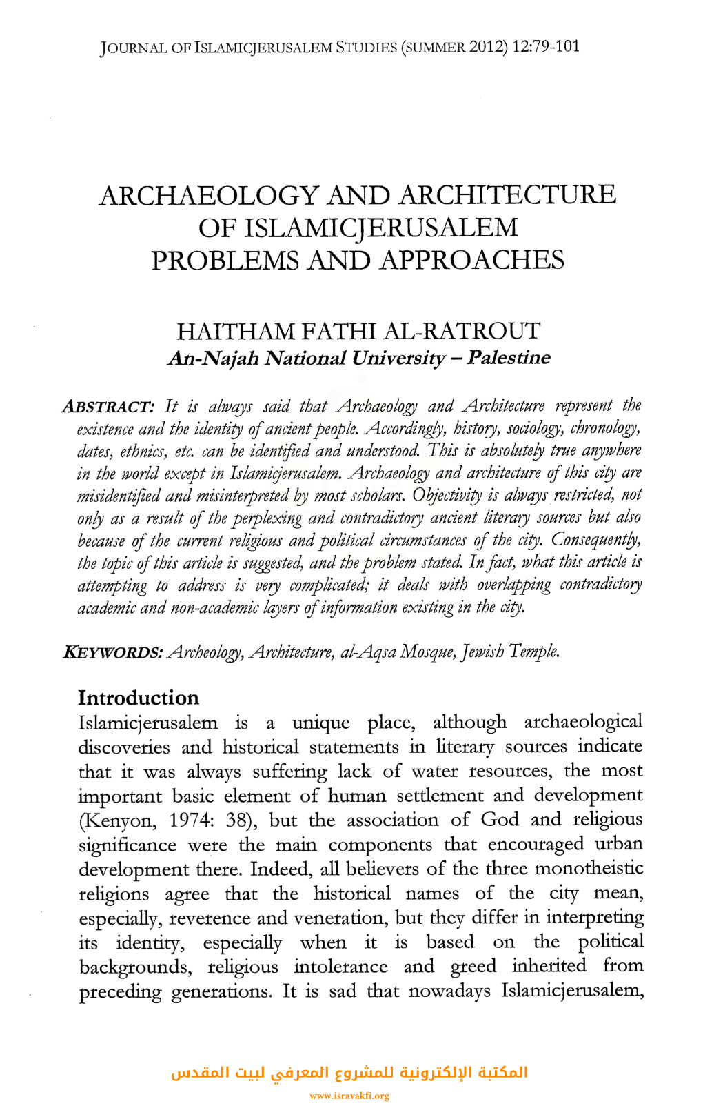 Archaeology and Architecture of Islamicjerusalem Problems and Approaches