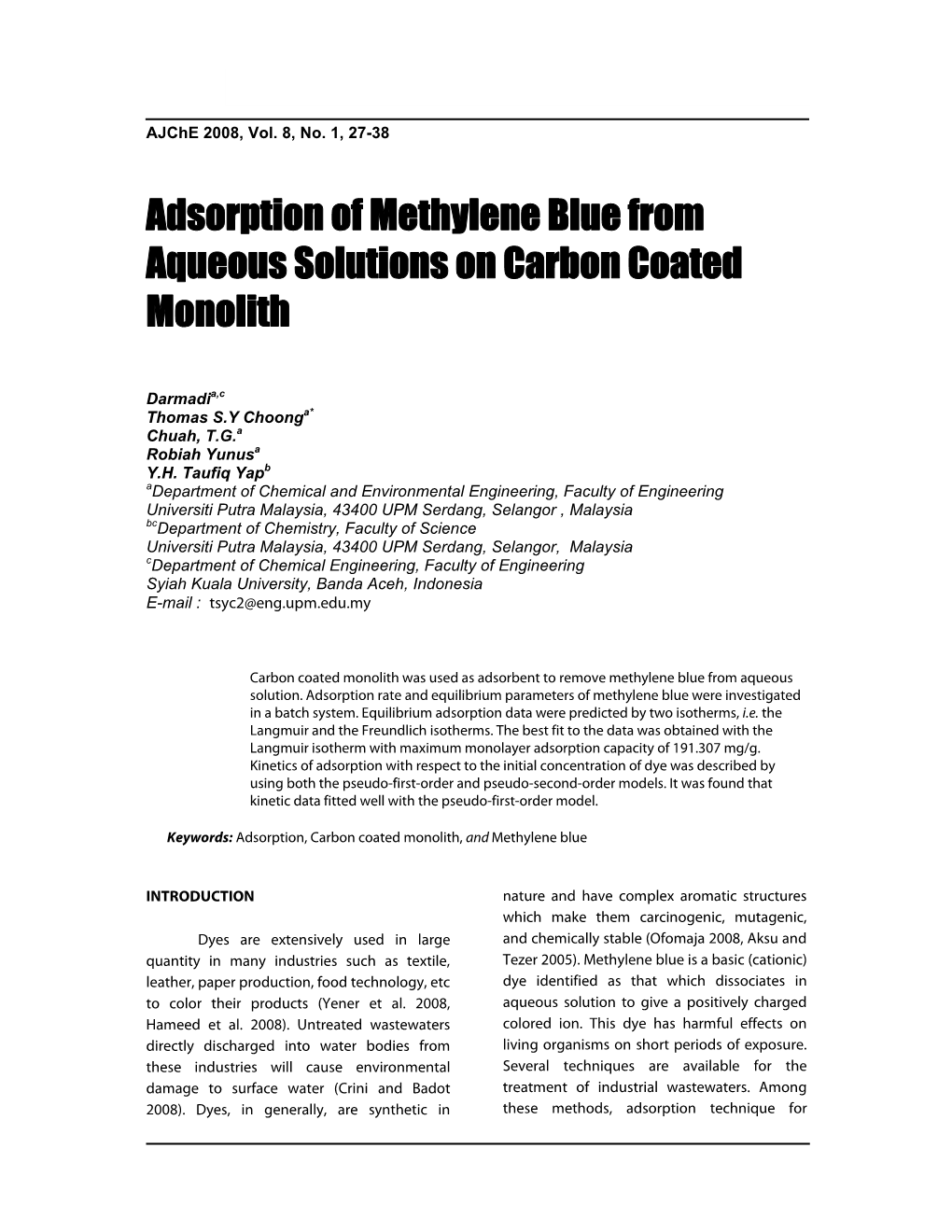 Adsorption of Methylene Blue from Aqueous Solutions on Carbon Coated Monolith