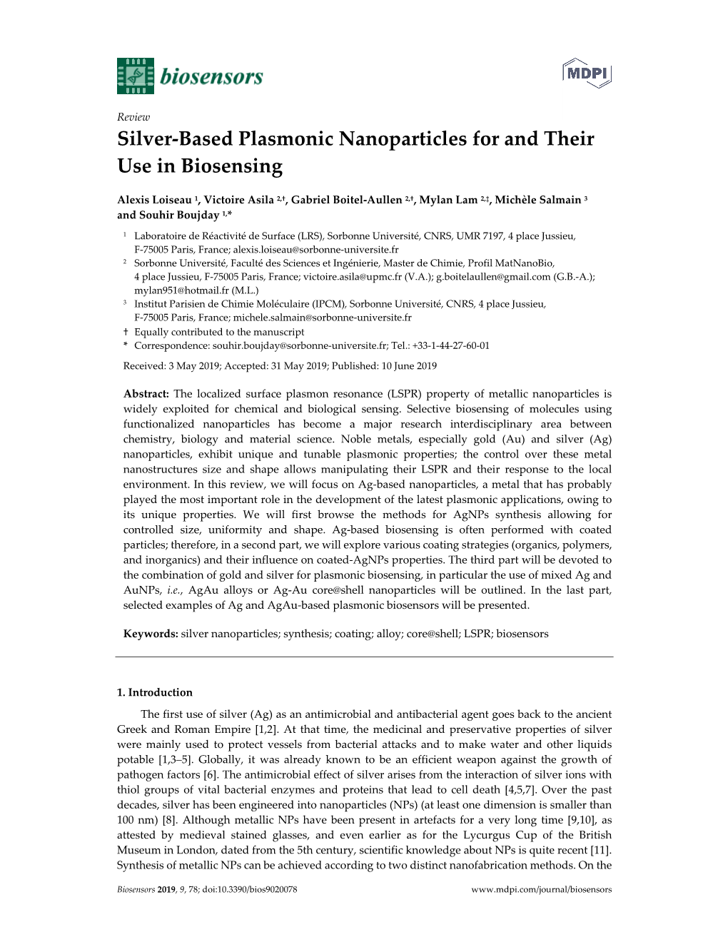 Silver-Based Plasmonic Nanoparticles for and Their Use in Biosensing