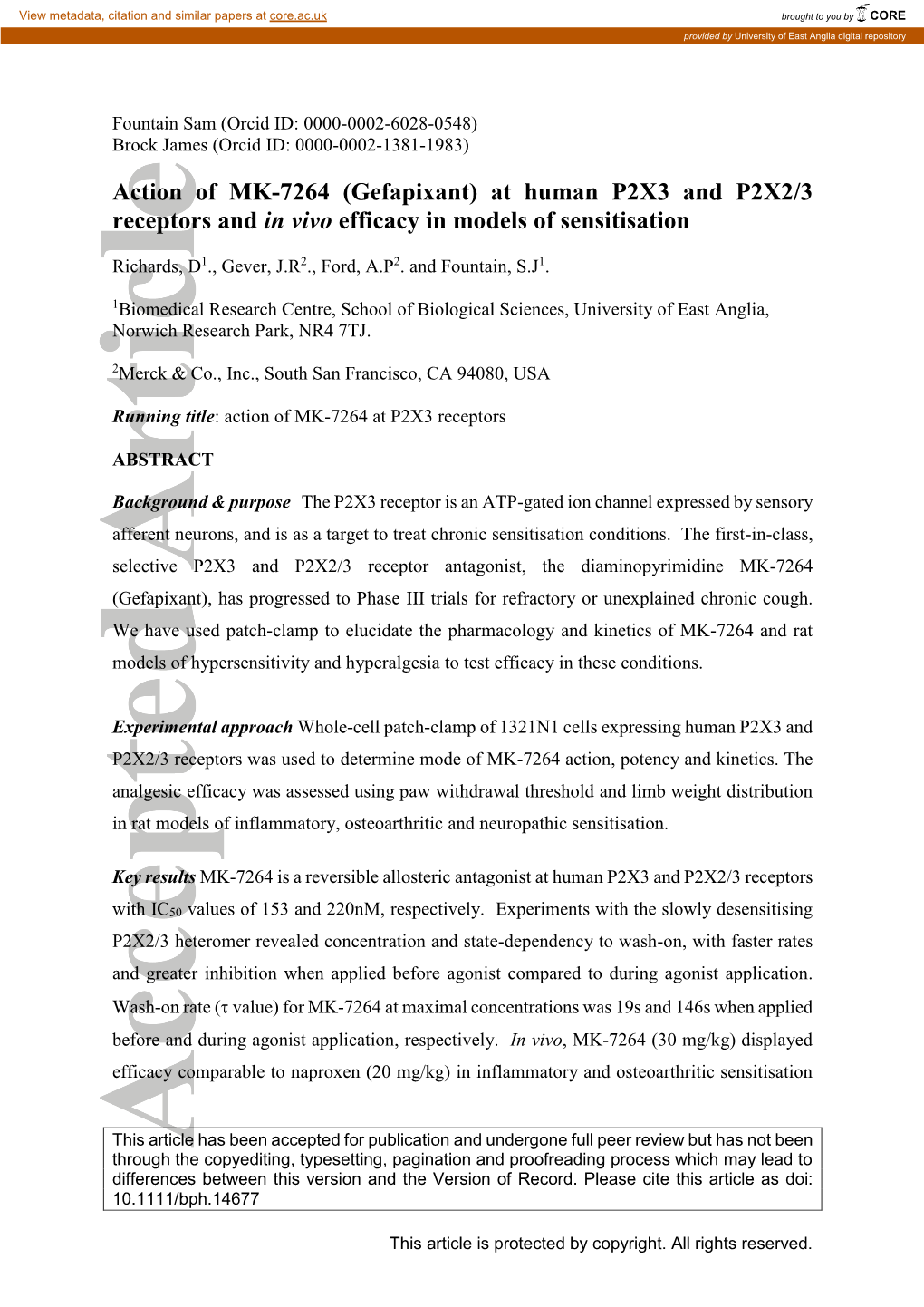 Action of MK-7264 (Gefapixant) at Human P2X3 and P2X2/3 Receptors and in Vivo Efficacy in Models of Sensitisation