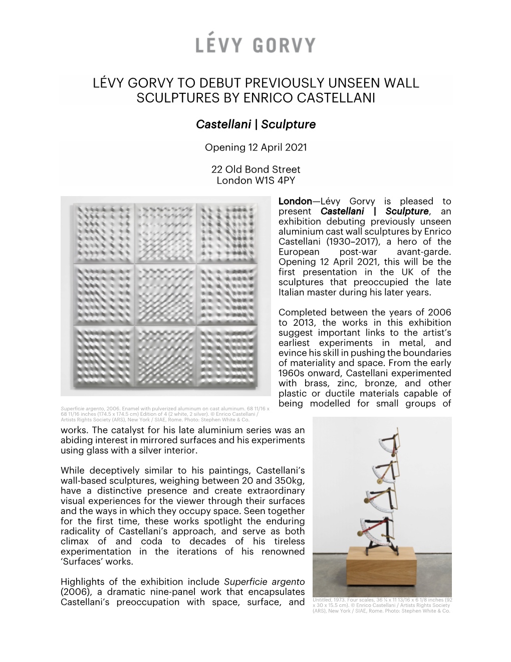 Lévy Gorvy to Debut Previously Unseen Wall Sculptures by Enrico Castellani