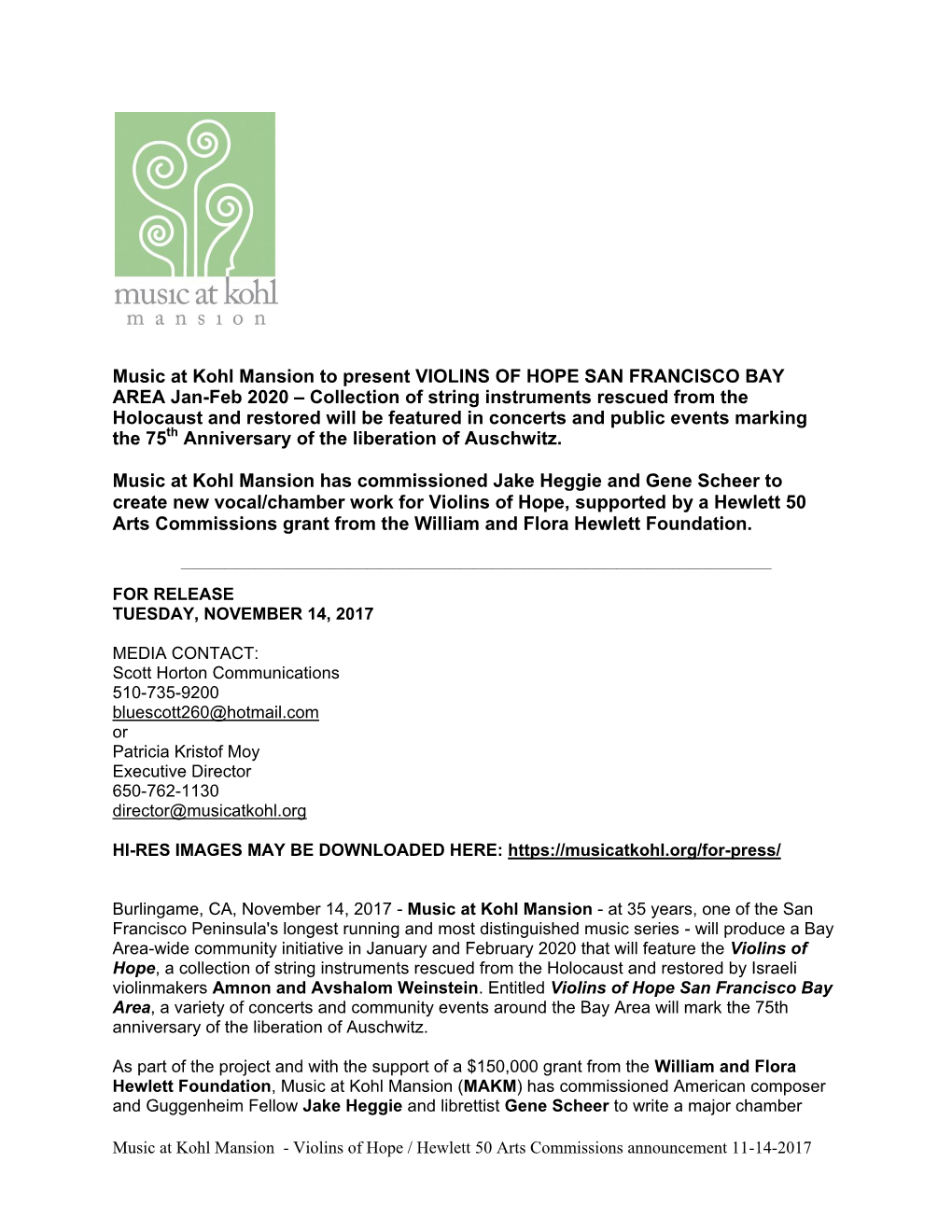 Violins of Hope – Hewlett 50 Commission Press Release