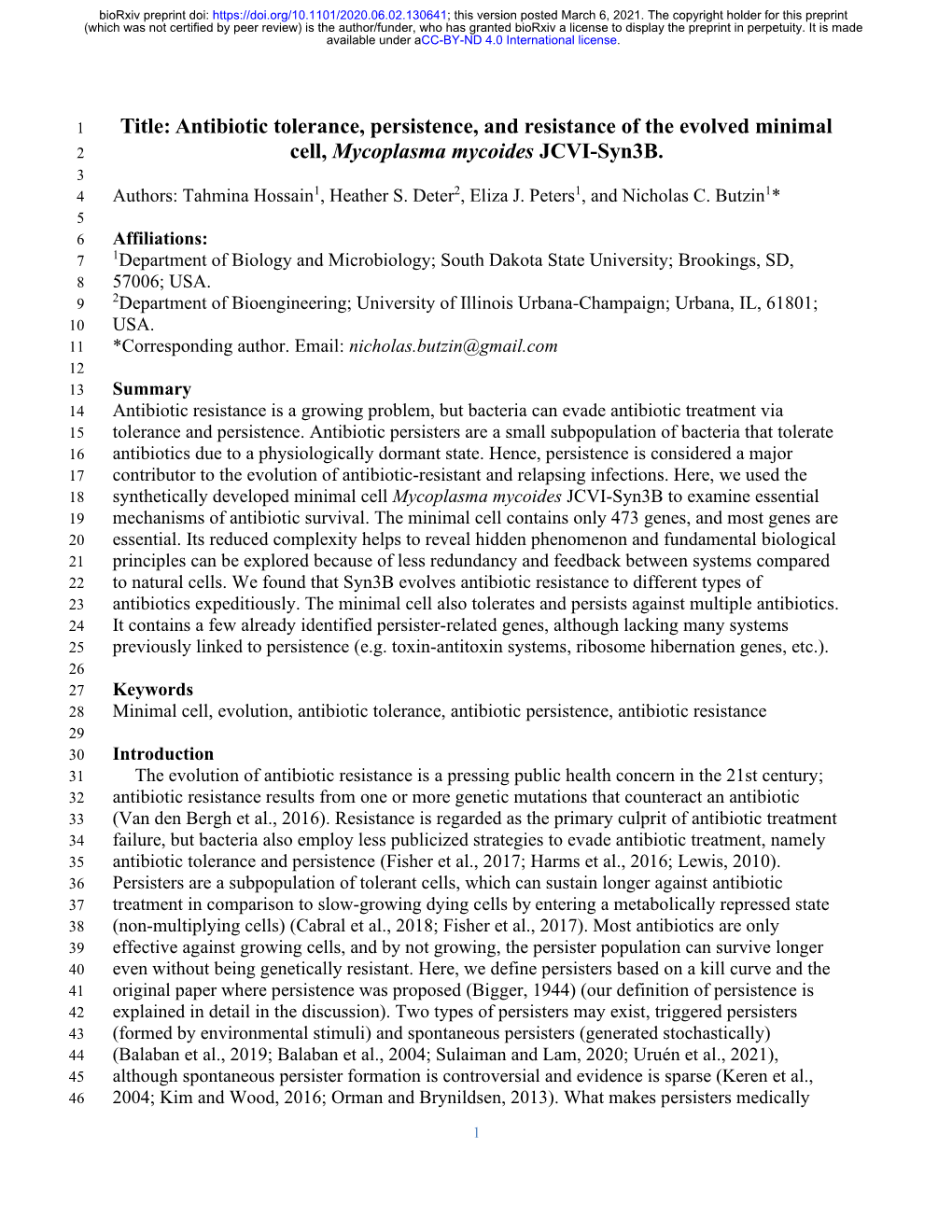 Antibiotic Tolerance, Persistence, and Resistance of the Evolved Minimal 2 Cell, Mycoplasma Mycoides JCVI-Syn3b