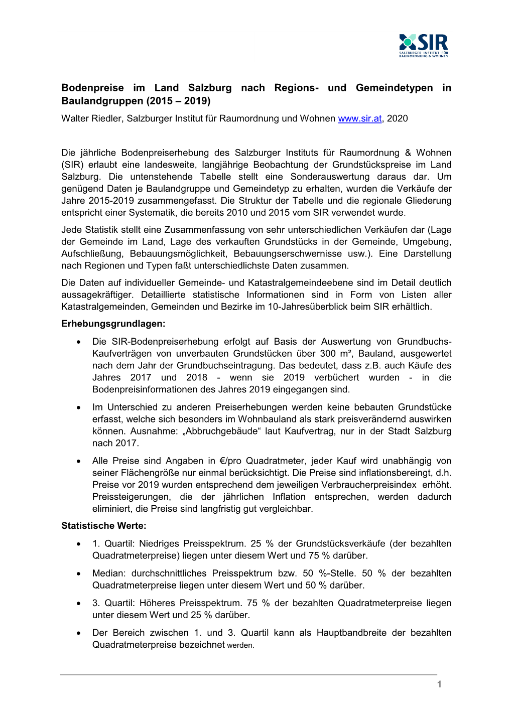 Bodenpreise Im Land Salzburg Nach Regions- Und Gemeindetypen in Baulandgruppen (2015 – 2019)