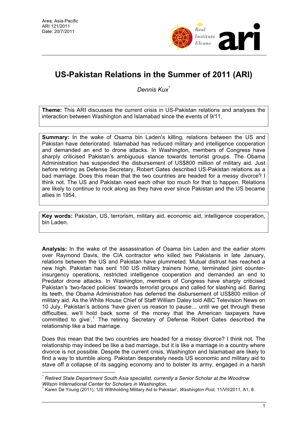 US-Pakistan Relations in the Summer of 2011 (ARI)