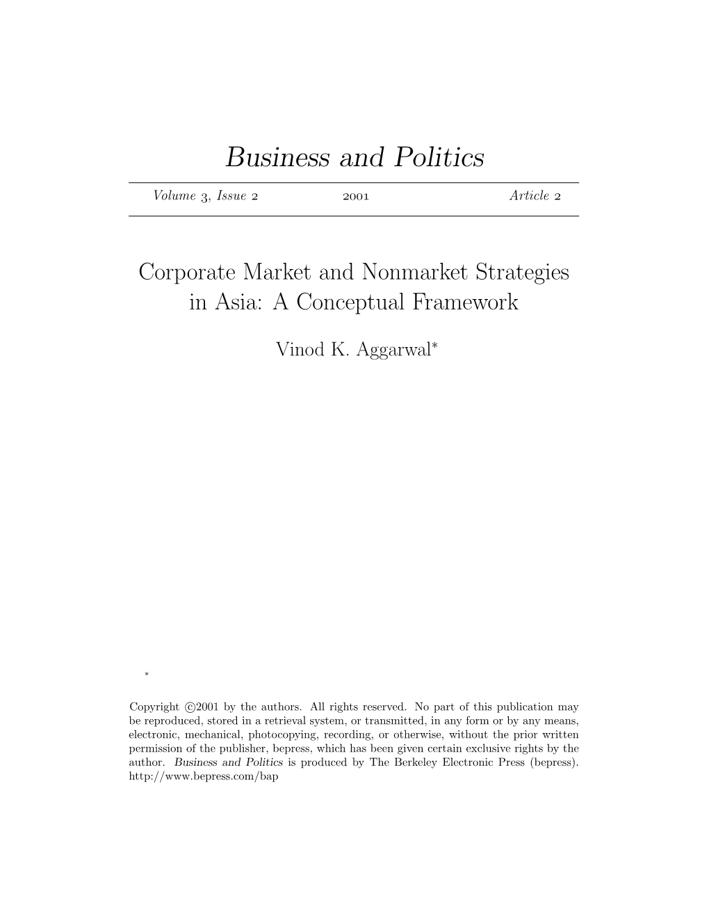 Corporate Market and Nonmarket Strategies in Asia: a Conceptual Framework