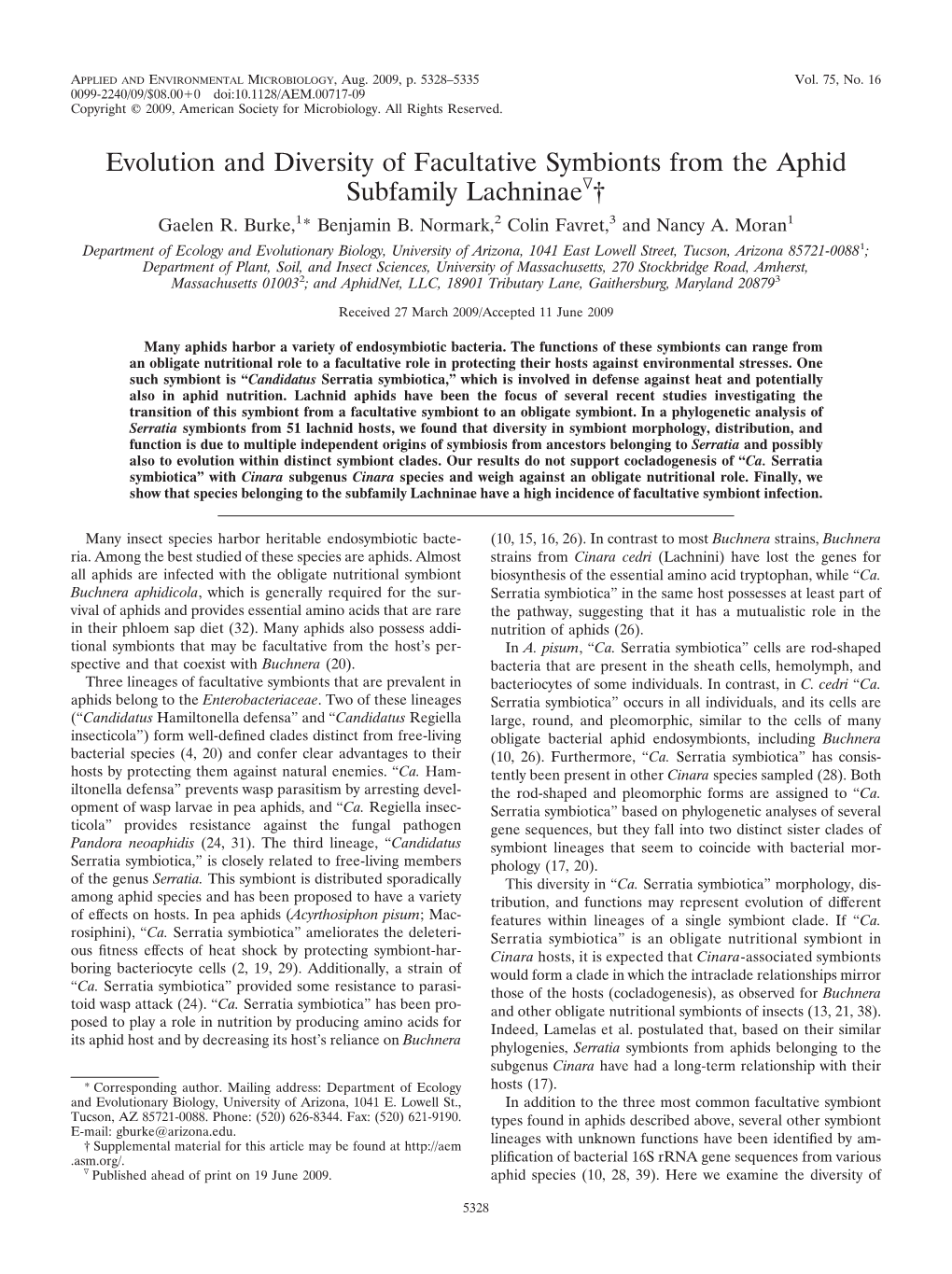 Evolution and Diversity of Facultative Symbionts from the Aphid Subfamily Lachninaeᰔ† Gaelen R