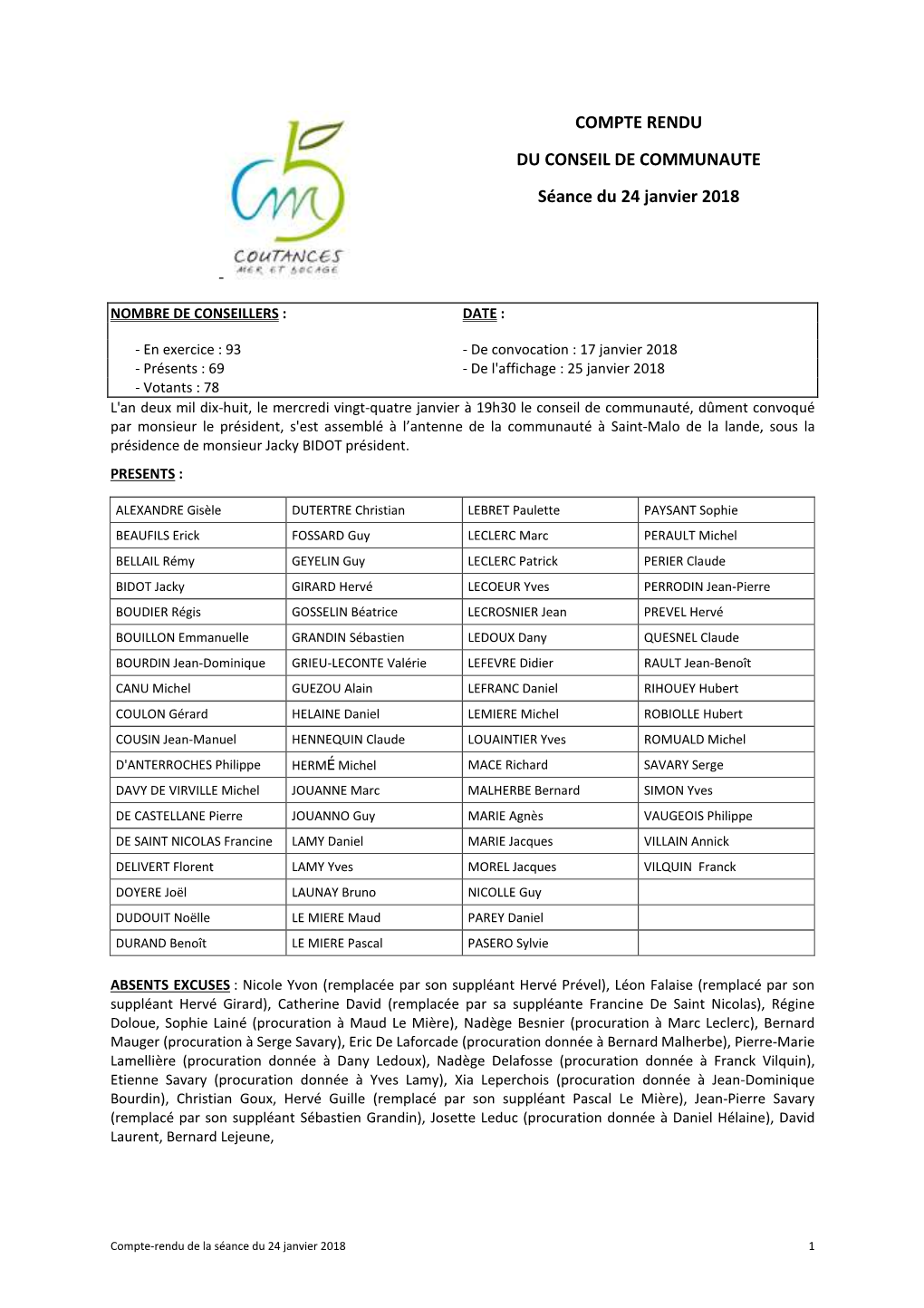 COMPTE RENDU DU CONSEIL DE COMMUNAUTE Séance Du 24