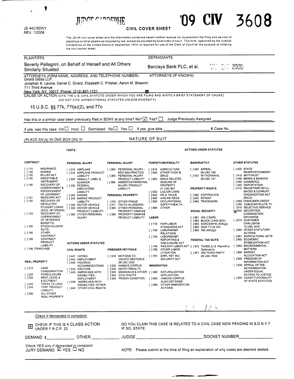 Beverly Pellegrini, Et Al. V. Barclays Bank PLC, Et Al. 09-CV-3608-Class