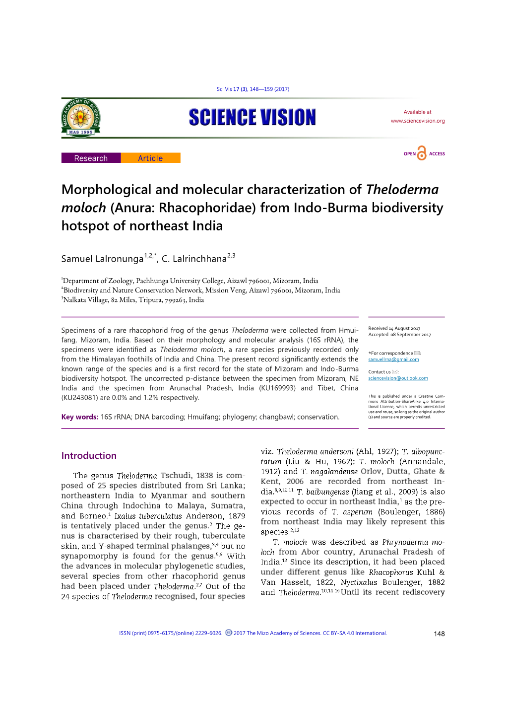 Morphological and Molecular Characterization of Theloderma Moloch (Anura: Rhacophoridae) from Indo-Burma Biodiversity Hotspot of Northeast India