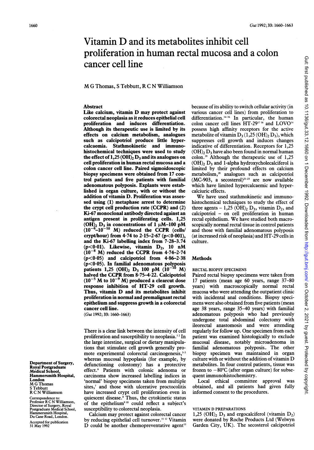 Vitamin D and Its Metabolites Inhibit Cell Proliferation in Human Rectal