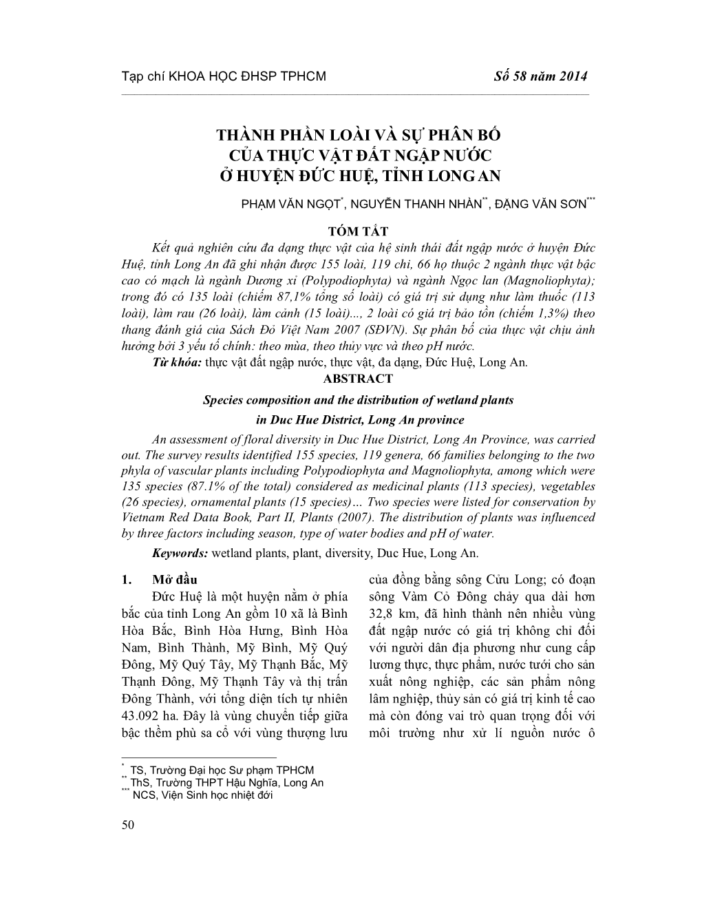 Thành Phần Loài Và Sự Phân Bố Của Thực Vật Đất Ngập Nước Ở Huyện Đức Huệ, Tỉnh Long An