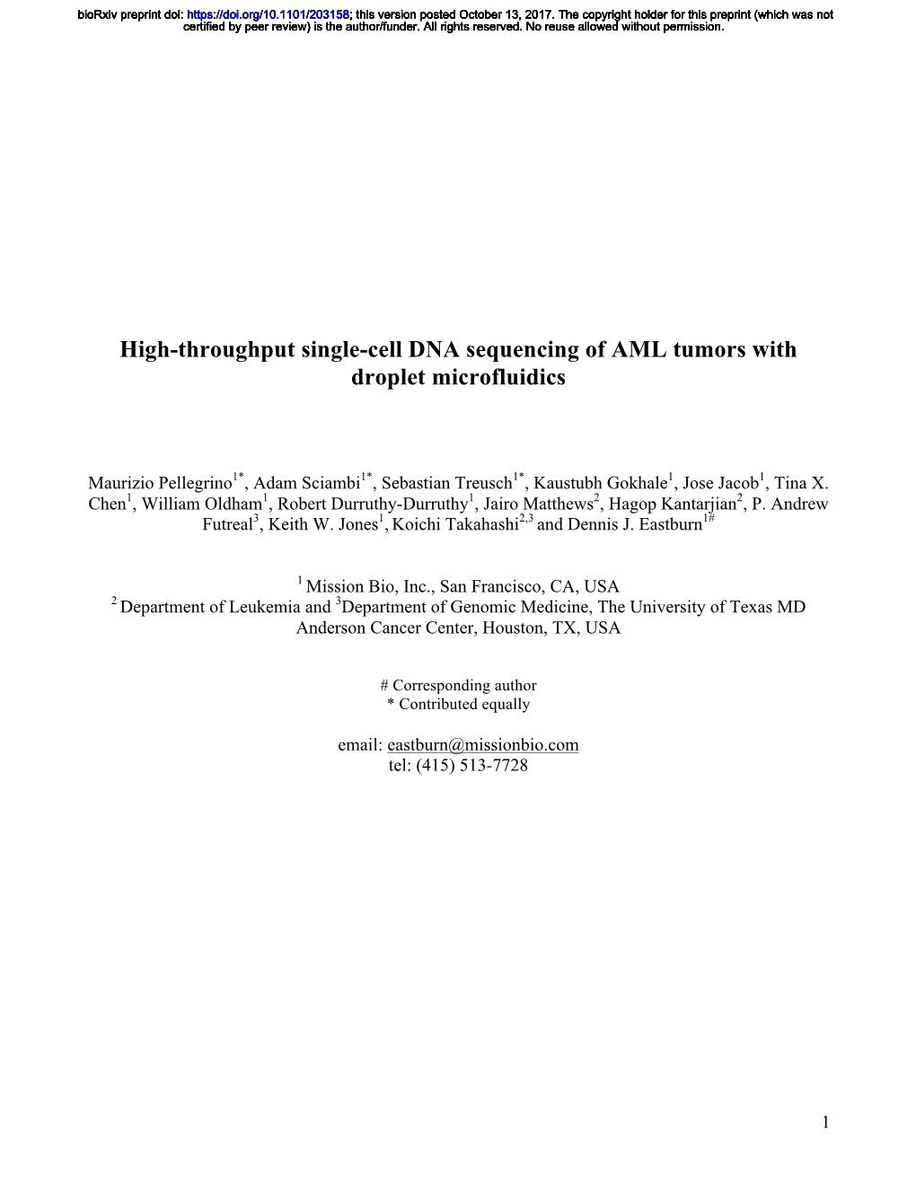 High-Throughput Single-Cell DNA Sequencing of AML Tumors with Droplet Microfluidics