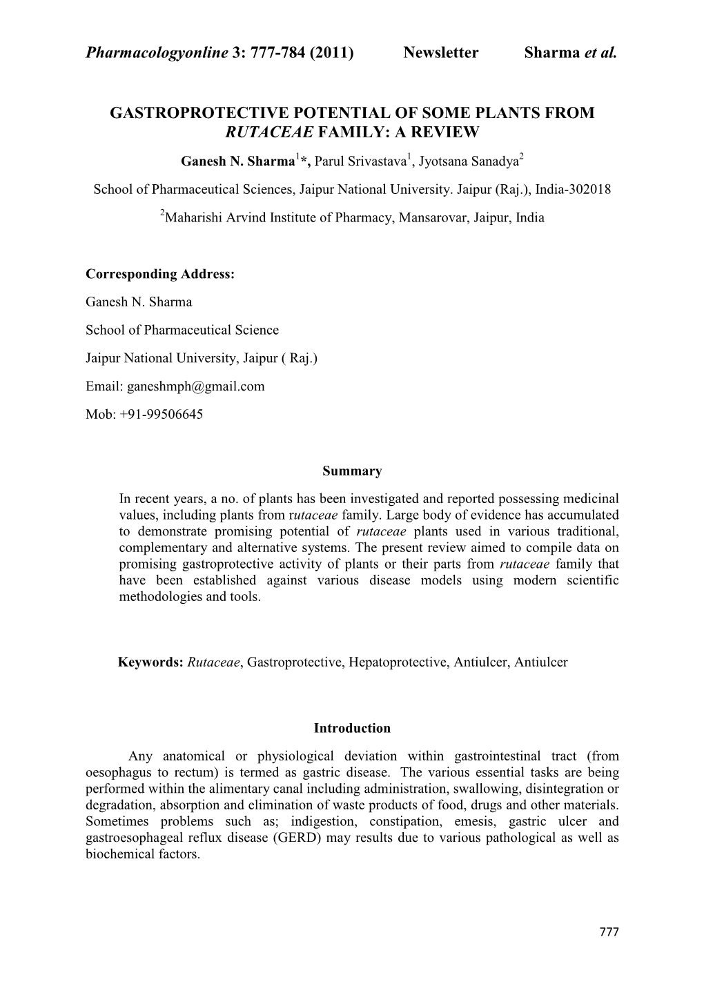 (2011) Ewsletter Sharma Et Al. GASTROPROTECTIVE POTE TIAL