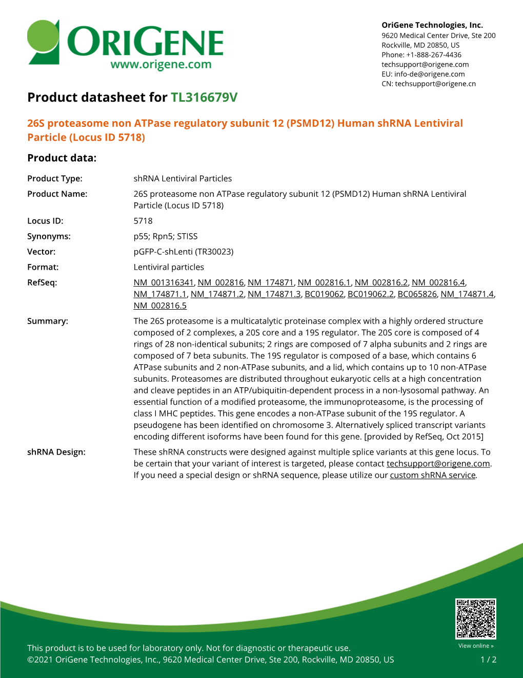 26S Proteasome Non Atpase Regulatory Subunit 12 (PSMD12) Human Shrna Lentiviral Particle (Locus ID 5718) Product Data