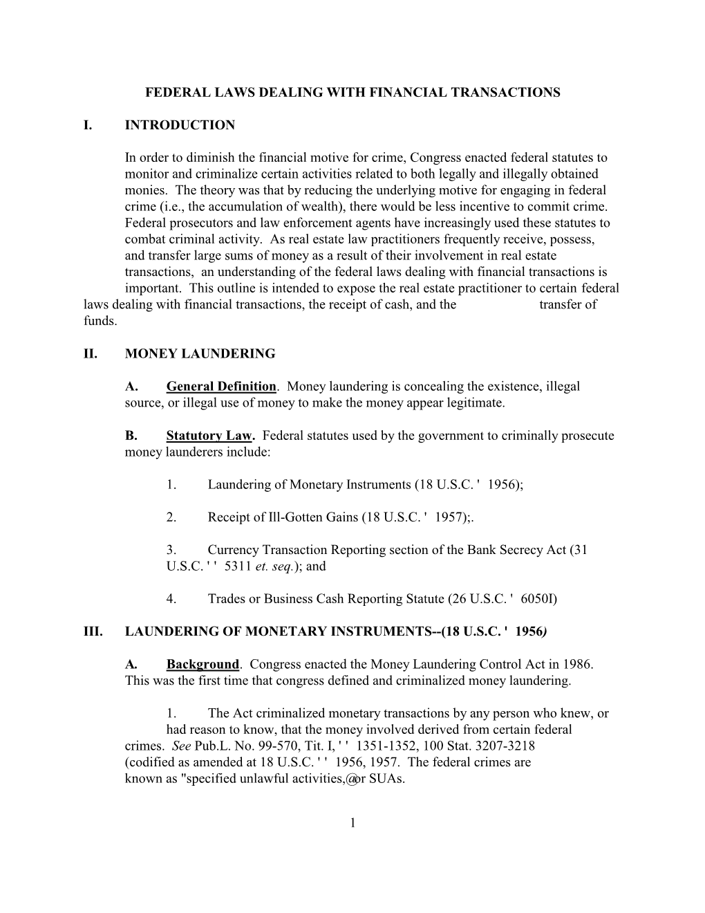 1 Federal Laws Dealing with Financial Transactions I