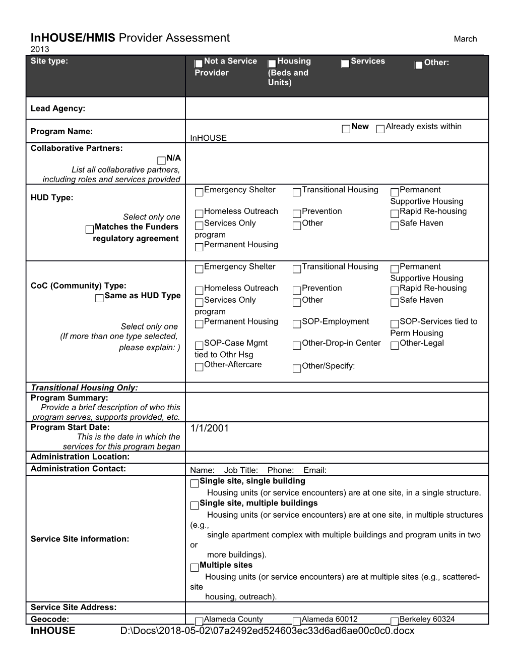 Inhouse/HMIS Provider Assessment March 2013