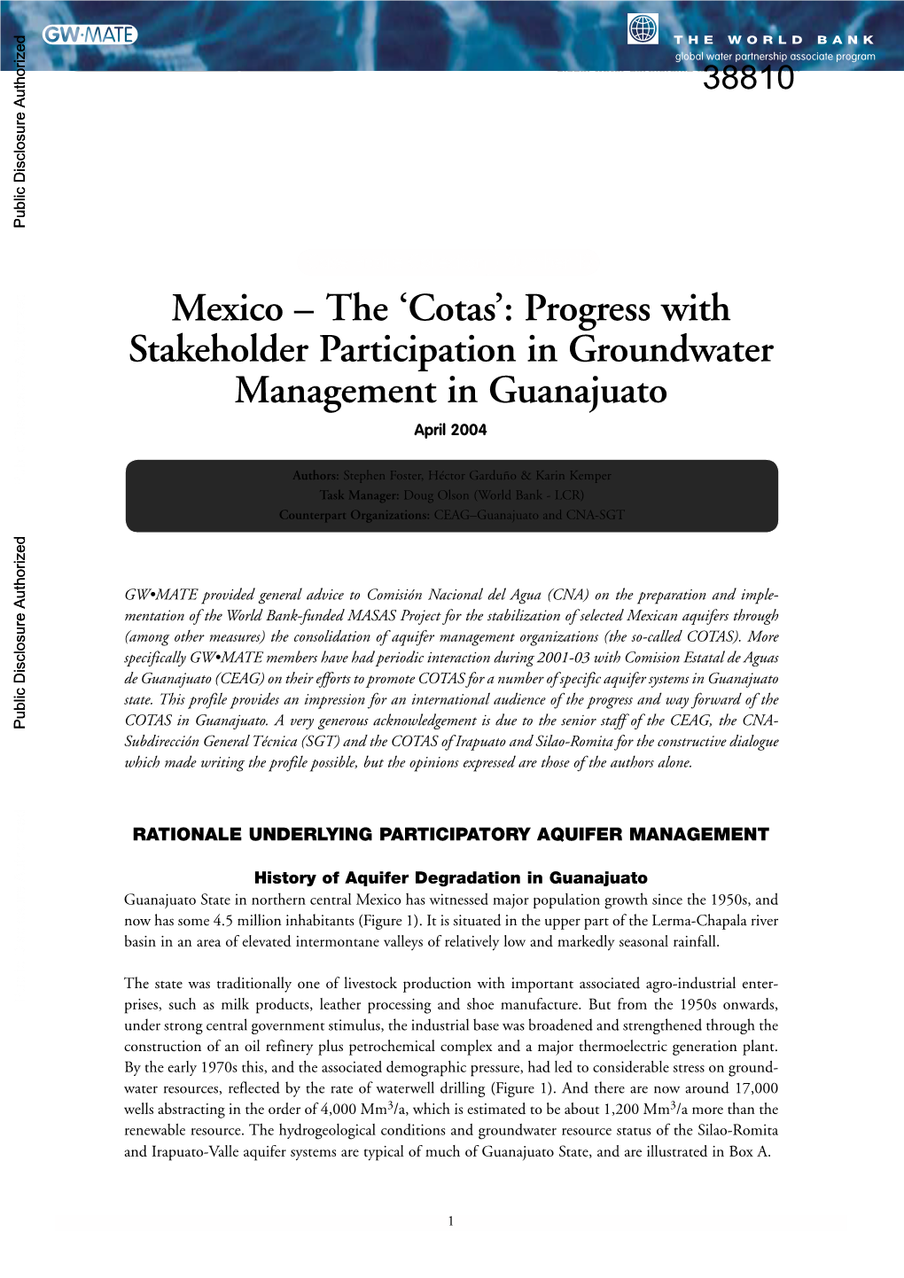 Cotas’: Progress with Stakeholder Participation in Groundwater Management in Guanajuato April 2004