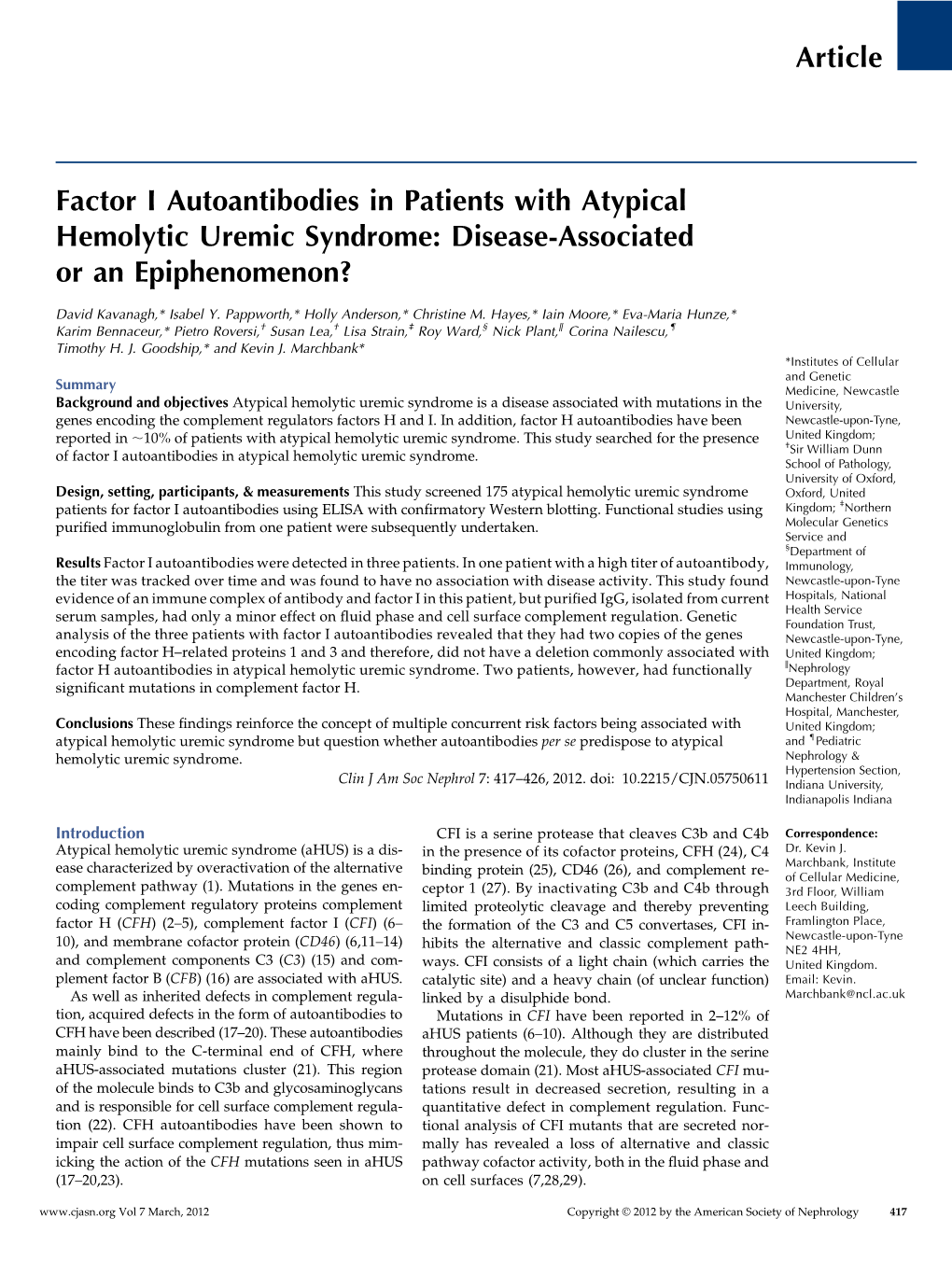 Article Factor I Autoantibodies in Patients with Atypical
