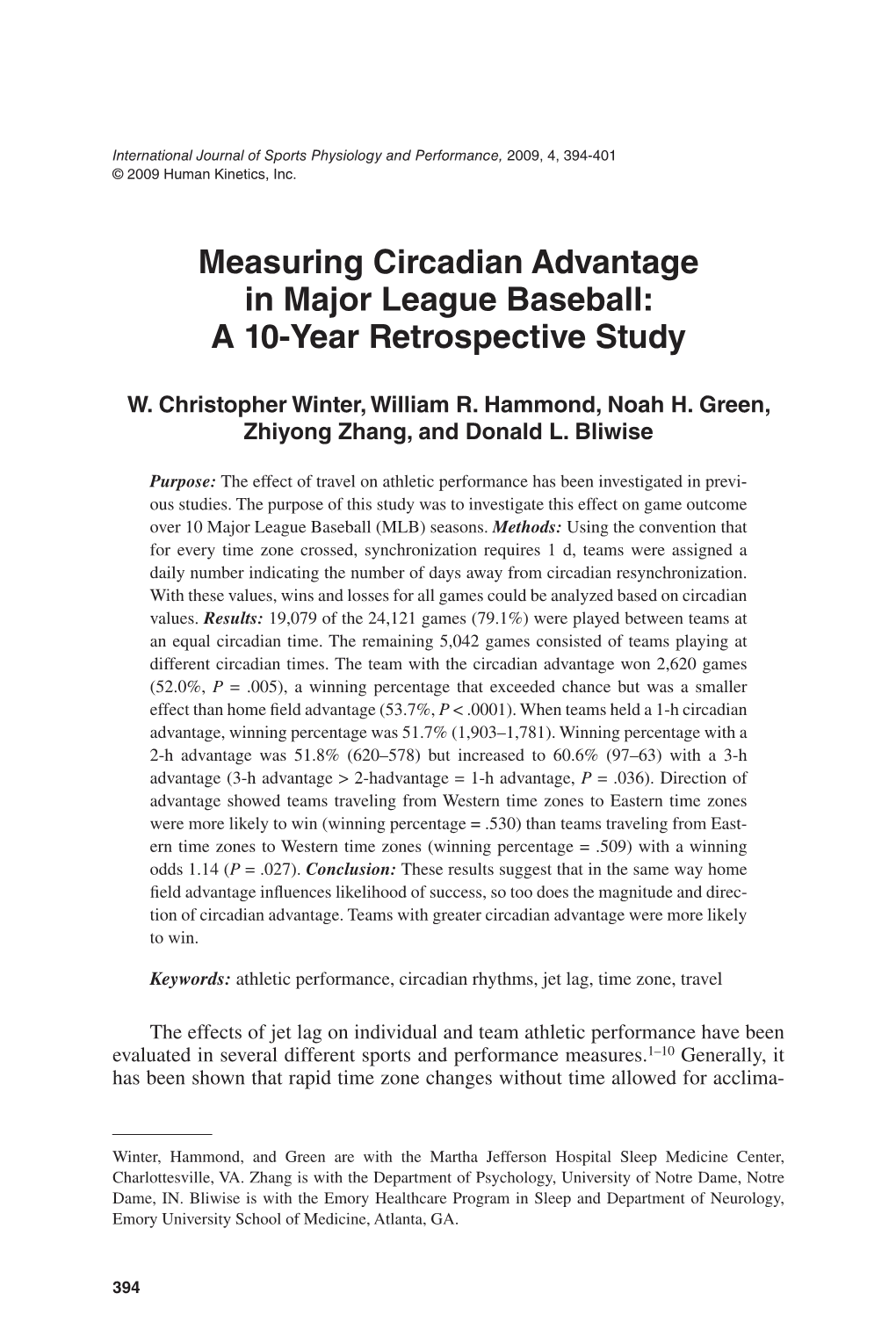 Measuring Circadian Advantage in Major League Baseball: a 10-Year Retrospective Study