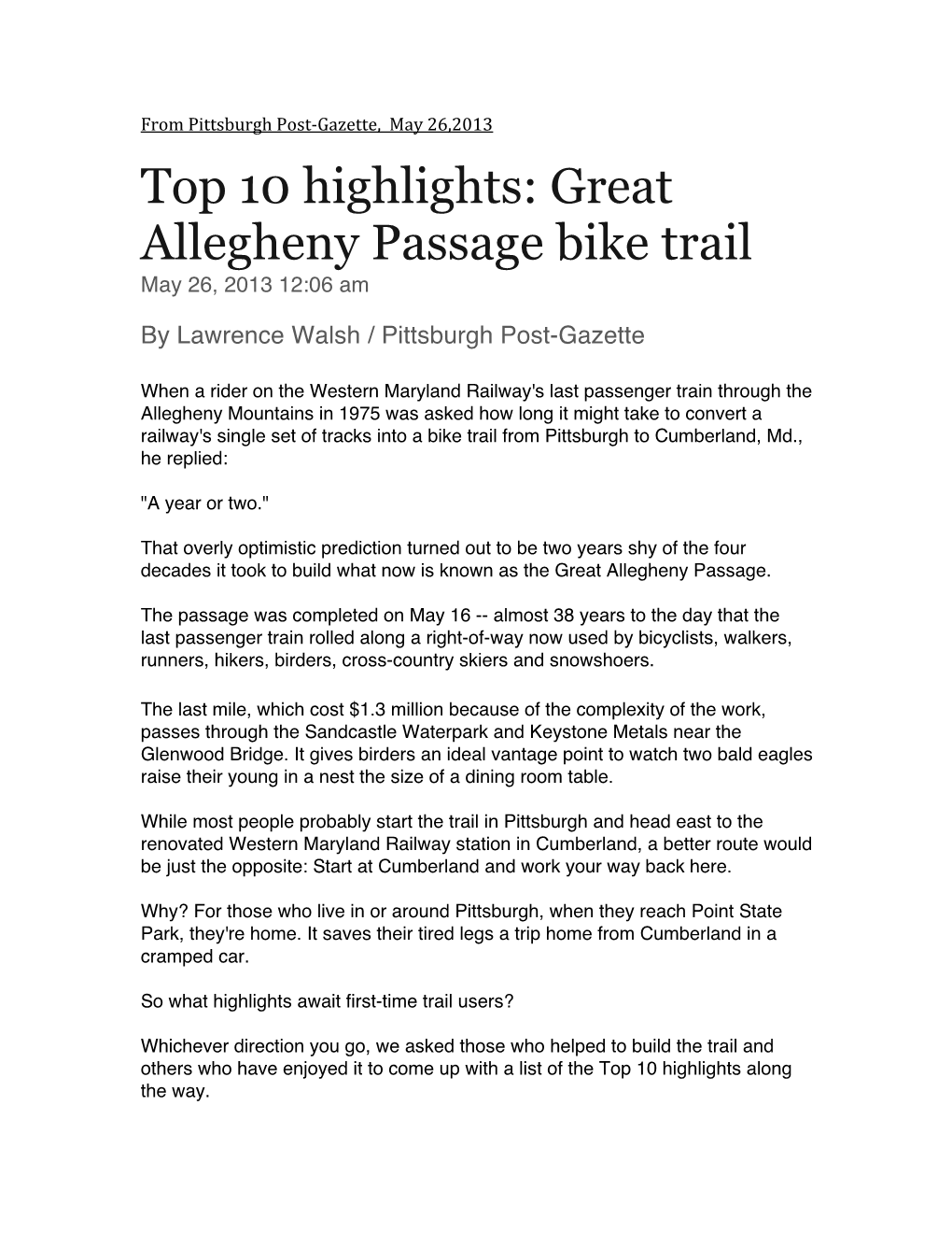 Top 10 Highlights: Great Allegheny Passage Bike Trail May 26, 2013 12:06 Am