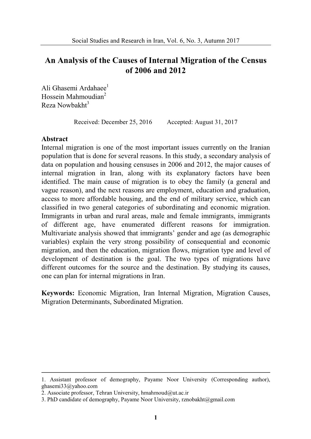 An Analysis of the Causes of Internal Migration of the Census of 2006 and 2012