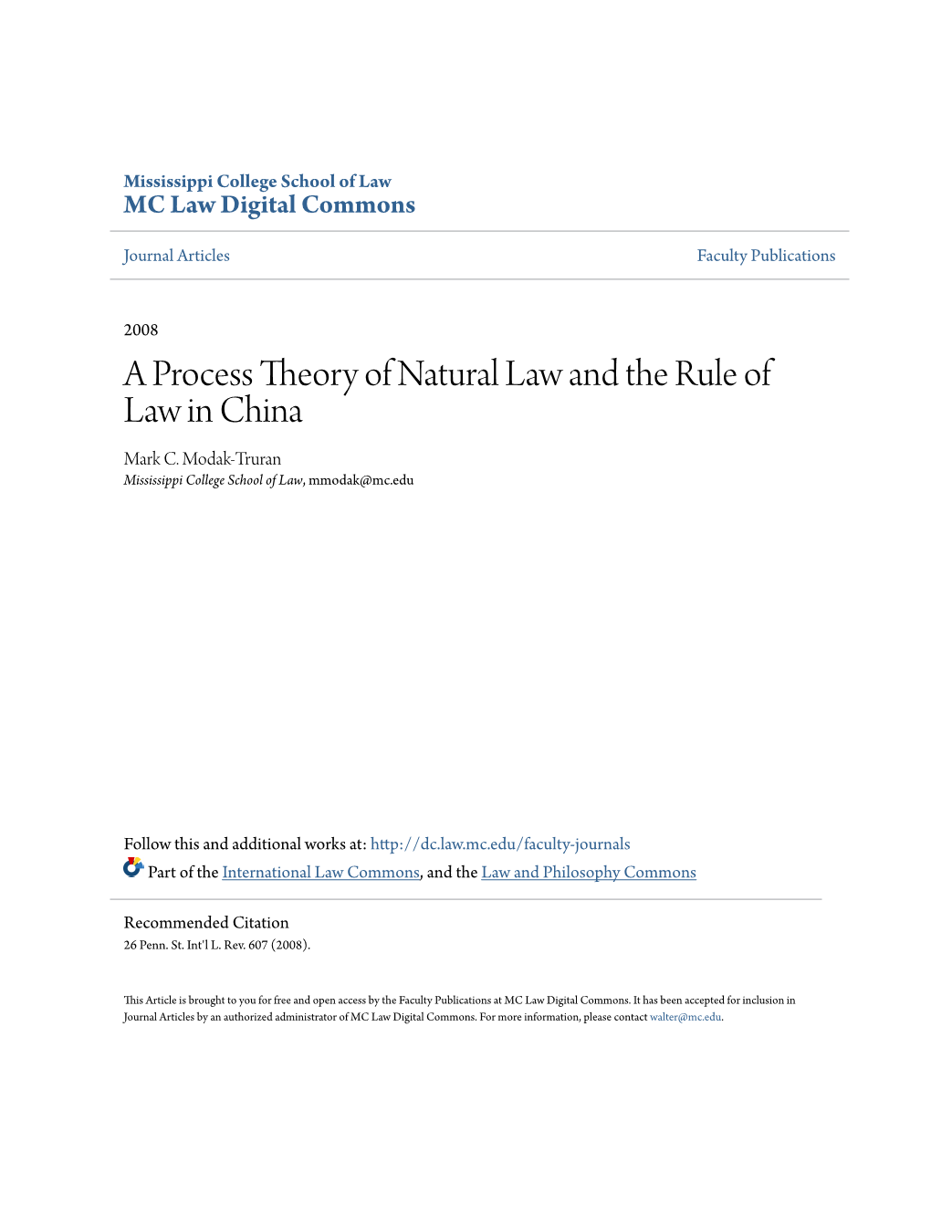 A Process Theory of Natural Law and the Rule of Law in China Mark C