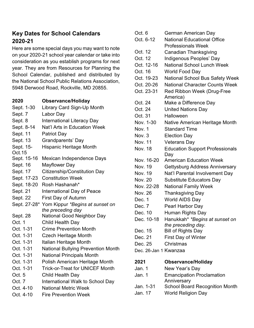 Key Dates for School Calendars 2020-21