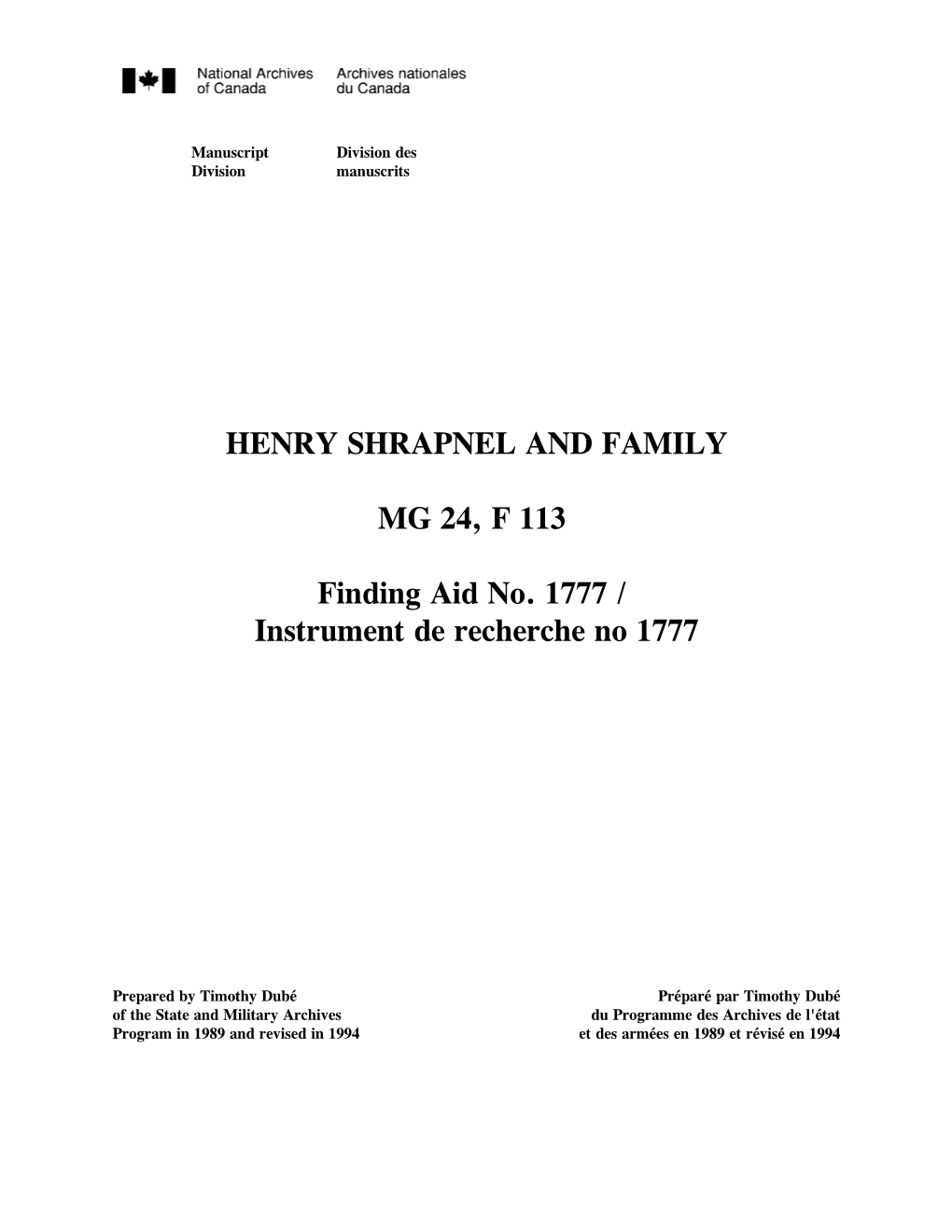HENRY SHRAPNEL and FAMILY MG 24, F 113 Finding Aid No. 1777