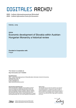 Economic Development of Slovakia Within Austrian- Hungarian Monarchy a Historical Review