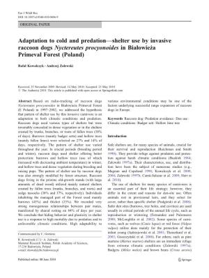 Adaptation to Cold and Predation—Shelter Use by Invasive Raccoon Dogs Nyctereutes Procyonoides in Białowieża Primeval Forest (Poland)