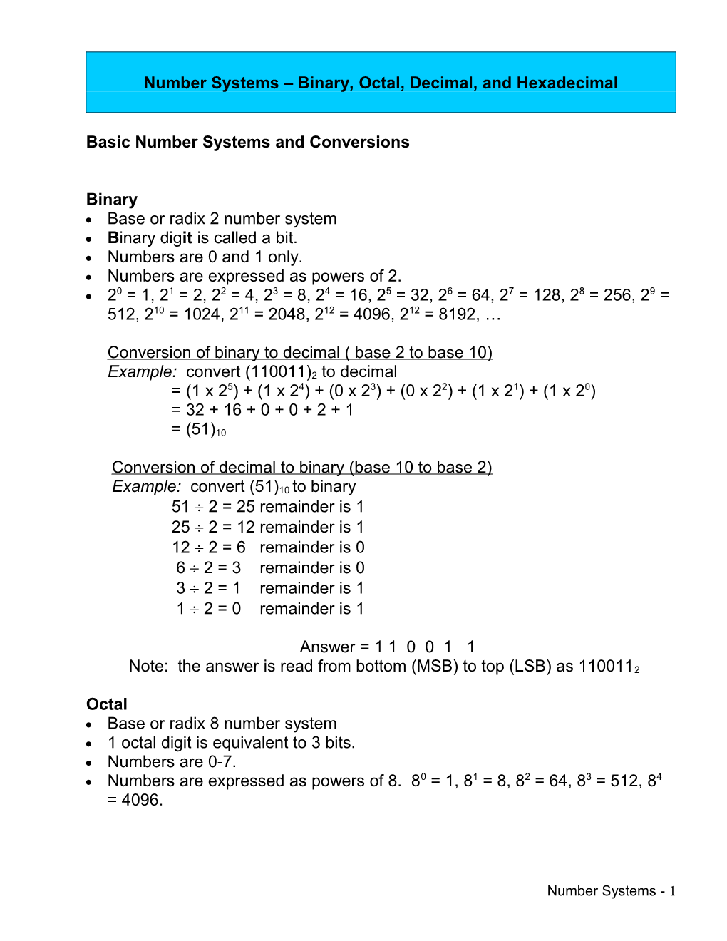 Number Systems - Binary and Hexadecimal Systems