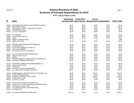 Arizona Secretary of State Summary of Principal Expenditures for 2010