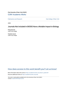 Journals Not Included in BIOSIS Have a Notable Impact in Biology
