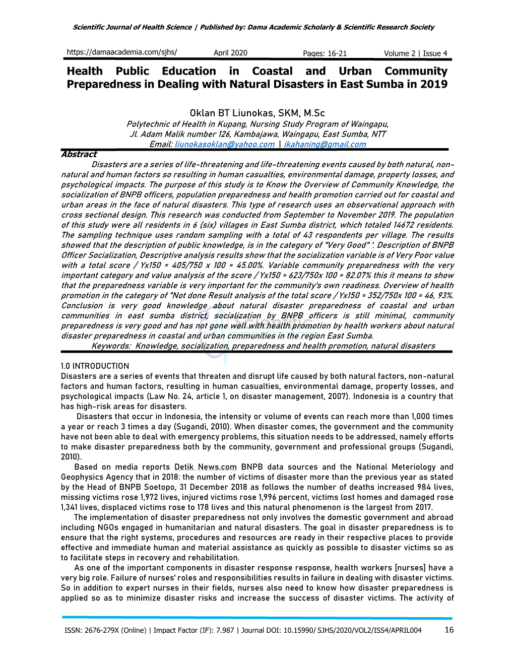 Health Public Education in Coastal and Urban Community Preparedness in Dealing with Natural Disasters in East Sumba in 2019