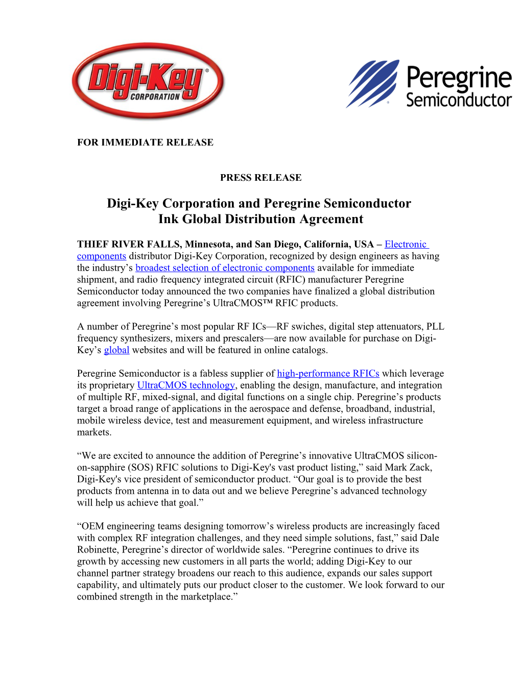 Digi-Key Corporation and Peregrine Semiconductor