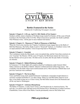 Battles Featured in the Series Handout for Conflicting Newspaper Accounts