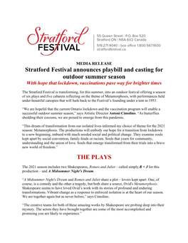 Stratford Festival Announces Playbill and Casting for Outdoor Summer Season with Hope That Lockdown, Vaccinations Pave Way for Brighter Times