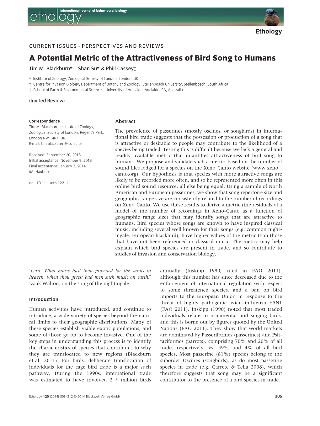 A Potential Metric of the Attractiveness of Bird Song to Humans Tim M