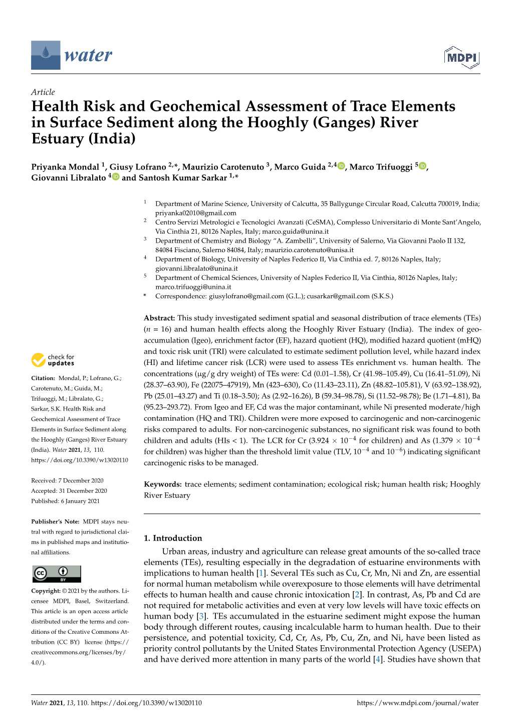Health Risk and Geochemical Assessment of Trace Elements in Surface Sediment Along the Hooghly (Ganges) River Estuary (India)