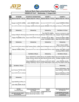 National Bank Open Presented by Rogers ORDER of PLAY - Wednesday, 11 August 2021