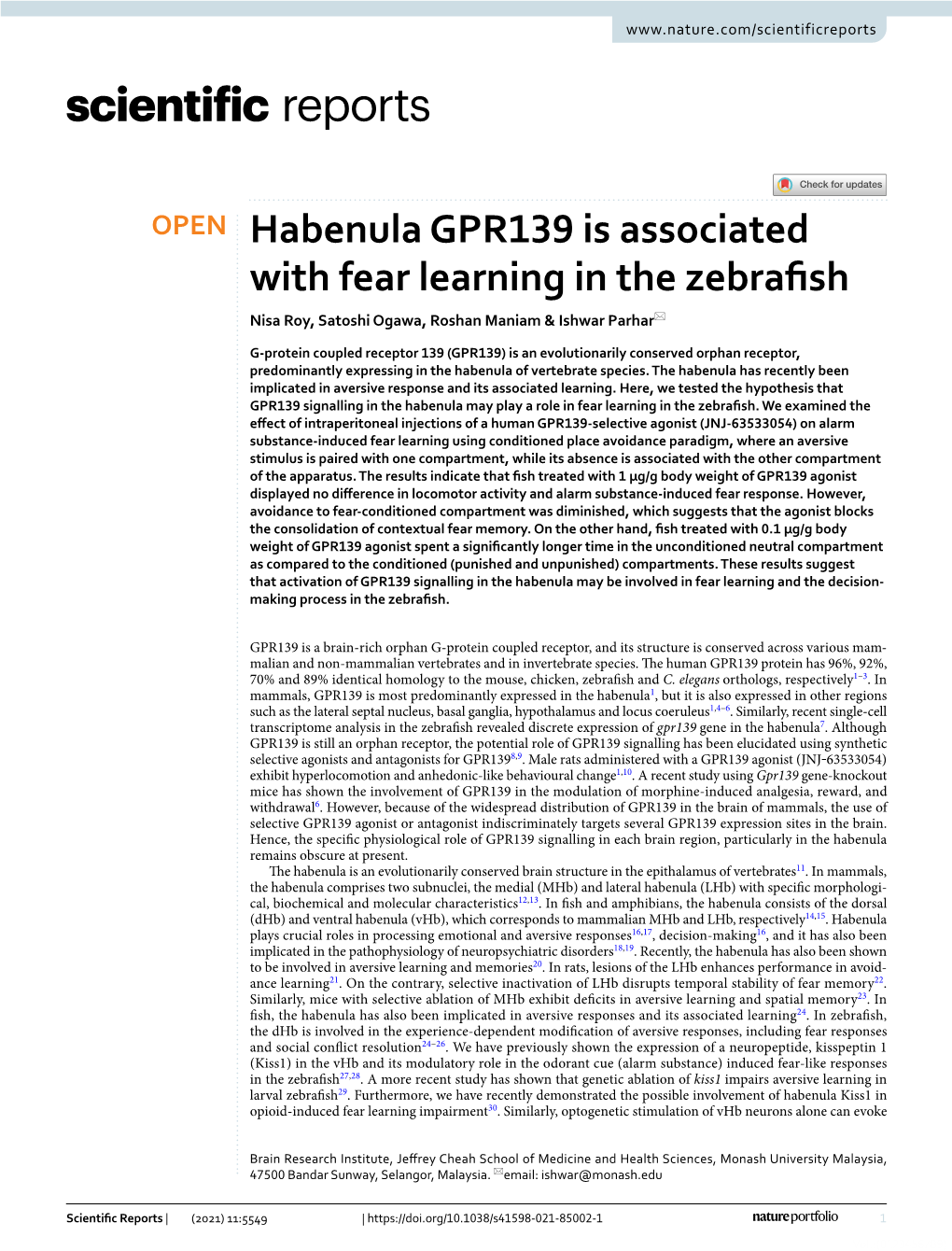 Habenula GPR139 Is Associated with Fear Learning in the Zebrafish