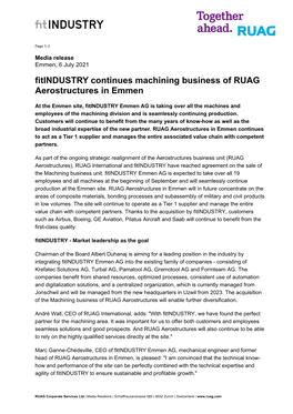 Fitindustry Continues Machining Business of RUAG Aerostructures in Emmen