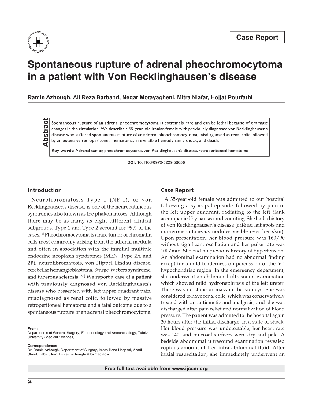 Spontaneous Rupture of Adrenal Pheochromocytoma in a Patient with Von Recklinghausen’S Disease
