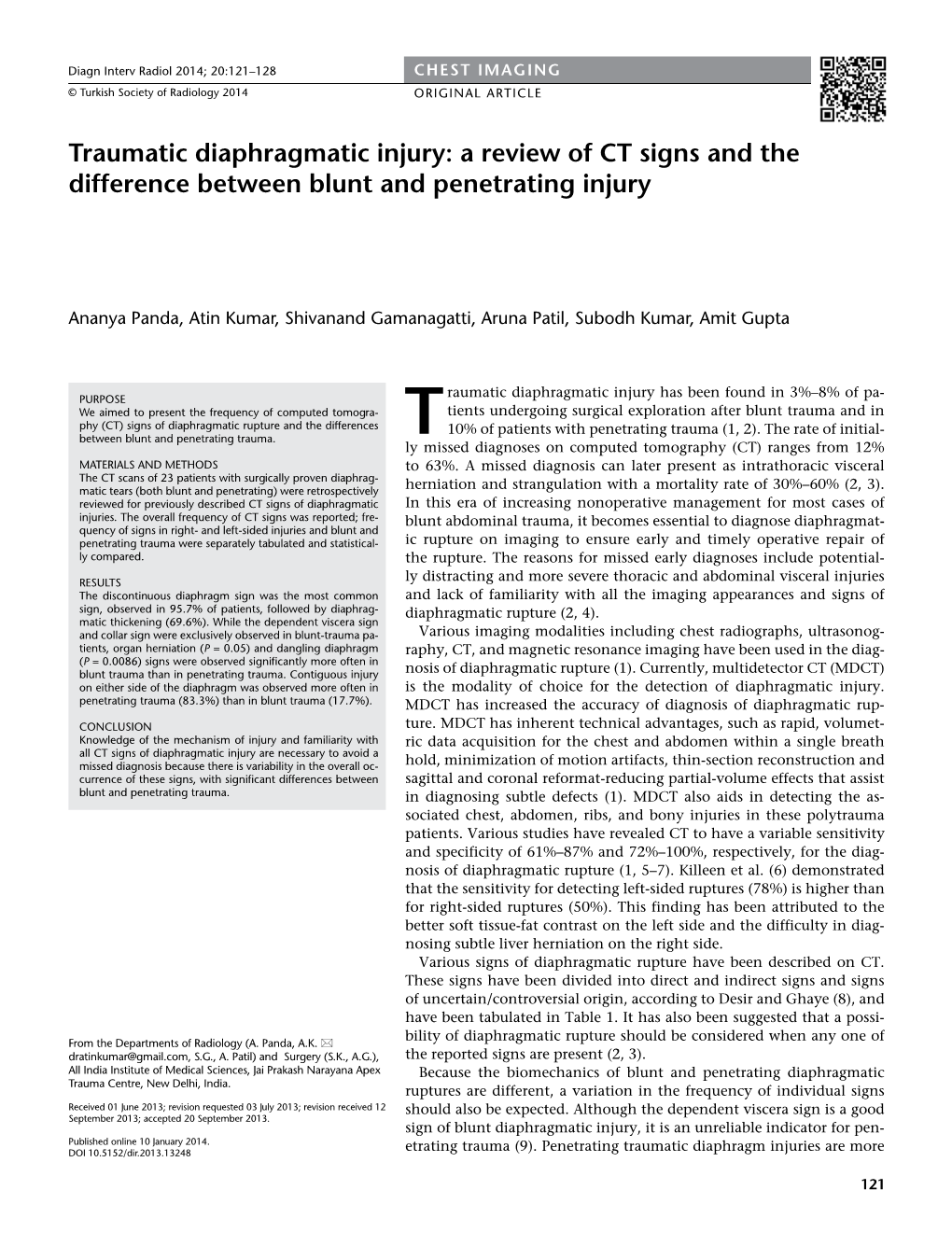 Traumatic Diaphragmatic Injury: a Review of CT Signs and the Difference Between Blunt and Penetrating Injury