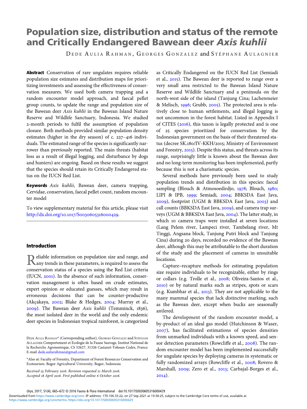 Population Size, Distribution and Status of the Remote and Critically Endangered Bawean Deer Axis Kuhlii