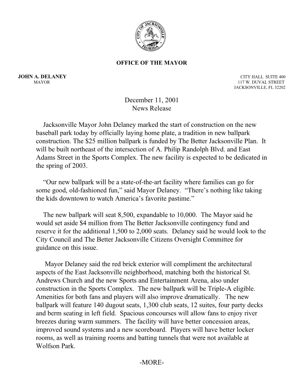 December 11, 2001 News Release Jacksonville Mayor John Delaney